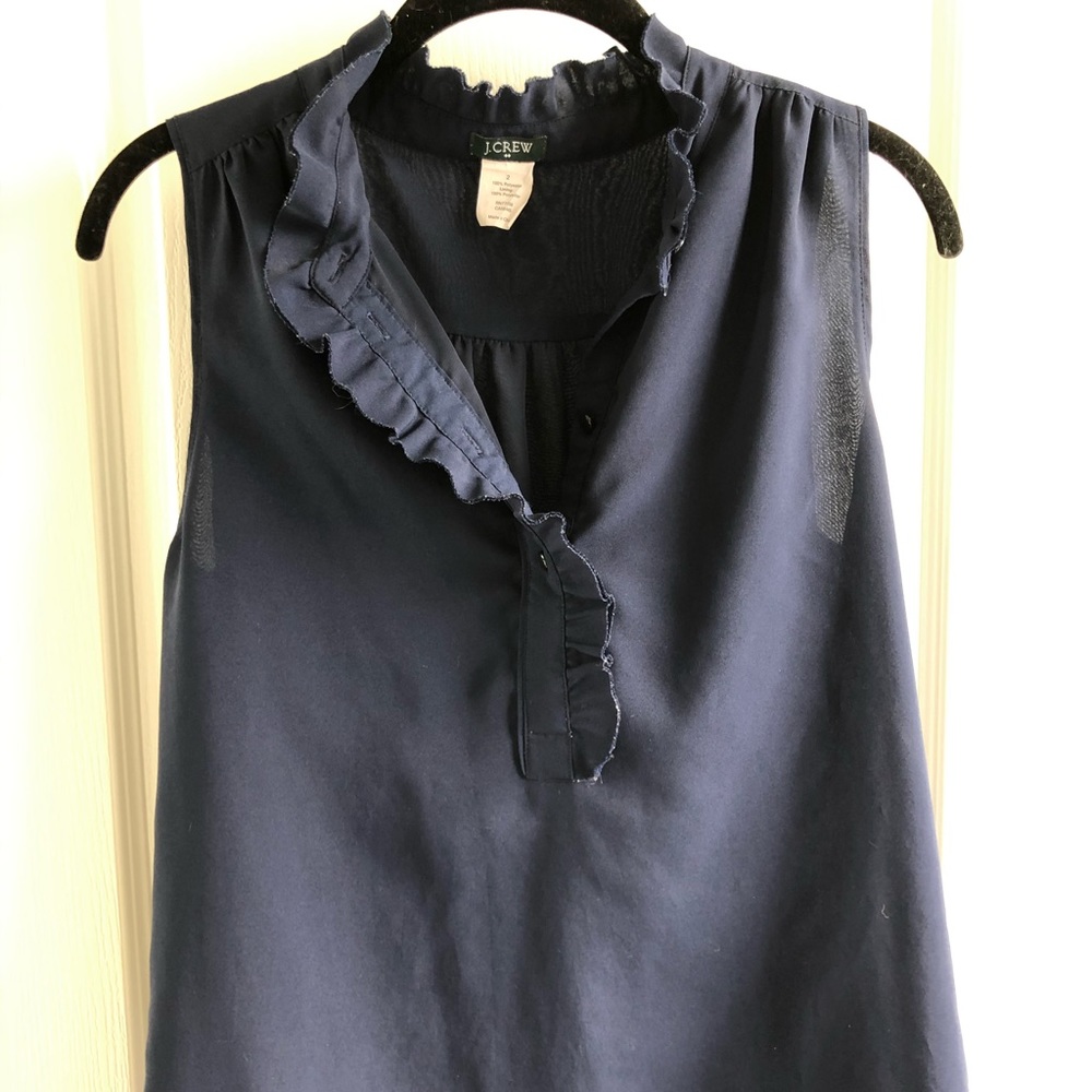 J Crew navy sleeveless ruffle blouse